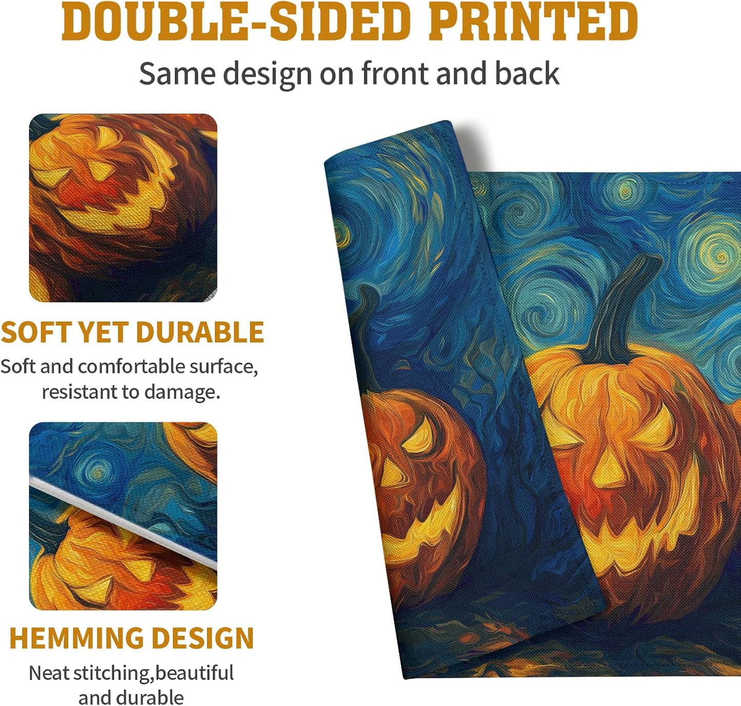 Halloween Placemats Set of 4 Pumpkin Vincent Van Gogh Starry Night Art Linen Table Mats 12x18 Inch Jack O Lantern Farmhouse Place Mats for Party Kitchen Dining Outdoor Indoor Decor