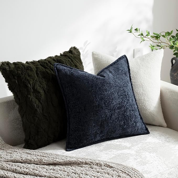 DEZENE Pack of 2 Navy Decorative Throw Pillow Covers 24x24 Cozy Soft Chenille Accent Vintage Square Couch Pillow Covers for Home Decor Bed Sofa Living Room