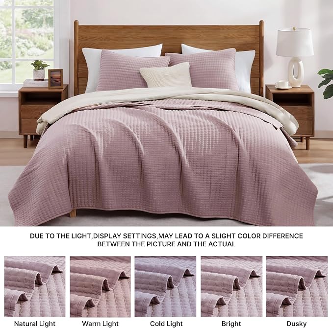 WRENSONGE Dusty Mauve King Size Quilt Bedding Sets-3 Pieces Lightweight Bedspreads Summer Coverlet for All Season,with 2 Pillow Shams Suitable for Bed, Couch, Quilt Blanket