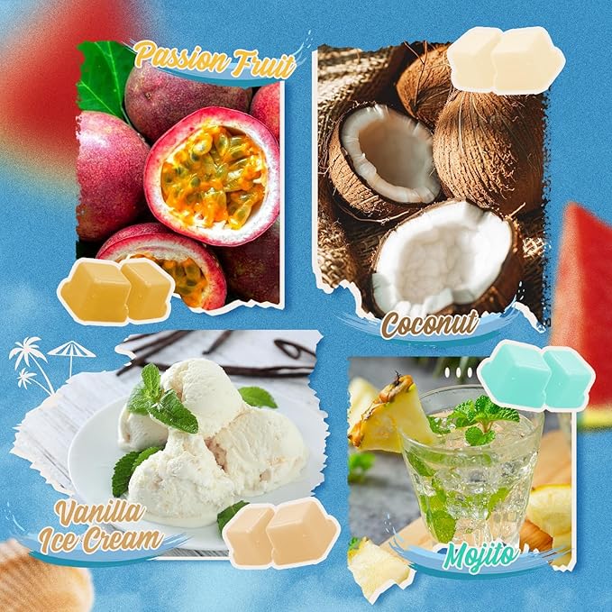 Summer Wax Melts Gift Set, Long Lasting Soy Scented Wax Cubes for Wax Warmers, Coconut, Pineapple, Watermelon, Mojito, Passion Fruit, Vanilla Ice Cream, Ocean Breeze, Fresh Cotton, 8x2.6 oz
