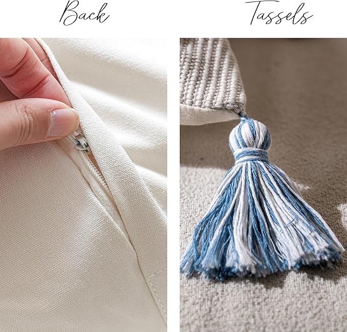 BlissBlush 14x36 Lumbar Pillow Cover for Bed, Rectangular Long Decorative Throw Pillowcase, Boho Accent Cushion with Blue Tufted Pattern and Tassels, Cream Neutral (Cover Only)