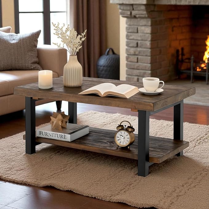Alaterre Furniture Pomona Rustic Coffee Table with Storage Shelf - 42-Inch Industrial Modern Metal and Solid Wood Living Room Table - Easy Assembly Farmhouse Living Room Furniture (Rustic Natural) | Rectangular Center Table with Storage Shelf and Metal...