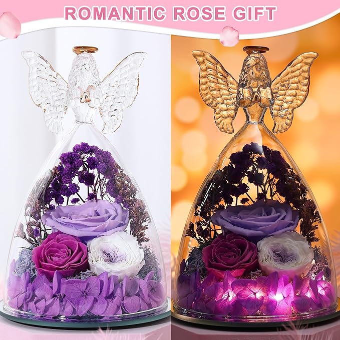 Mothers Day Rose Gifts for Women Preserved Real Flower in Glass Angel Figurines Roses for Delivery Prime Birthday Gifts for Mom Grandma Girlfriend Wife Her, Light Purple Austin Roses