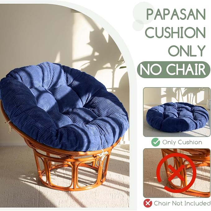 HIGOGOGO Papasan Chair Cushion with Corduroy Cover (Without Chair), 48 x 48 Inch Supportive Cushion, Overstuffed Chair Cushion,Dark Blue