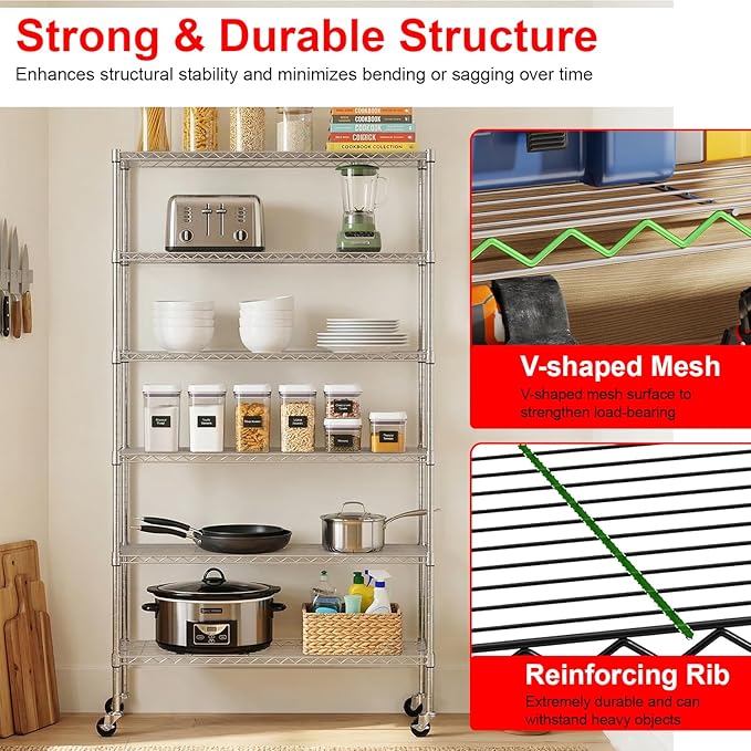 PayLessHere | 6-Tier Wire Shelf with Wheels | 45"x18"x82" | Chrome | Adjustable Racks | Heavy-Duty Storage Shelves, Holds Upto 510 lbs | Rust-Resistant, No-Tool Assembly | for Home, Garage Shelving