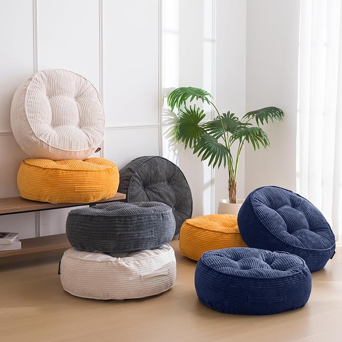 HIGOGOGO 8" Extra Thick Floor Pillow Cushion for Adults, Meditation Cushion Pillow, Large Round Floor Sitting, Tufted Corduroy Cover, for Tatami Living Room or Yoga, 22x22 Inch, 2Pack, Navy