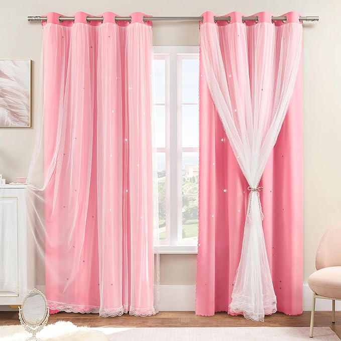 XiDi Pink Curtains 96 Inches Long for Girls Bedroom Living Room Darkening Privacy Double Layer Curtains with Sheer Overlay for Kids Toddler Princess Nursery Room Decor Grommet Window Drapes W52 X L96
