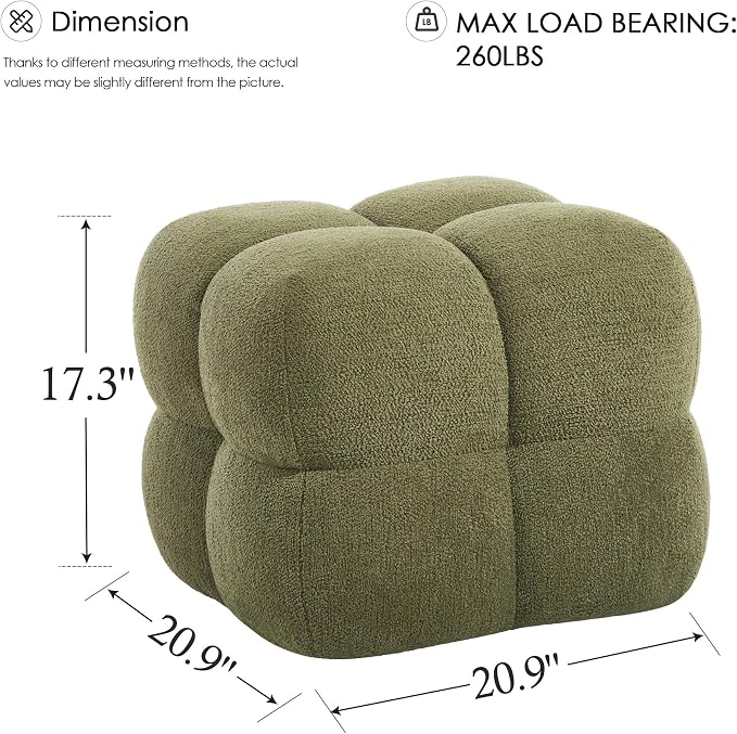 Zesthouse Square Pouf Ottoman Footstool, Modern Backless Vanity Chair for Bedroom, Green Boucle Foot Rest for Couch, Upholstered Tufted Footstool, Poofy Fabric Ottoman Coffee Table for Living Room