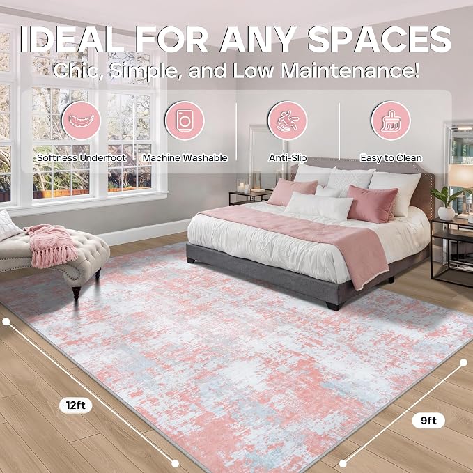 Pink Rug Carpet 9x12 Area Rugs for Bedroom Girls: Washable Modern Rug for Living Room Dining Room Non Slip Low Pile 9 by 12 Indoor Abstract Home Office