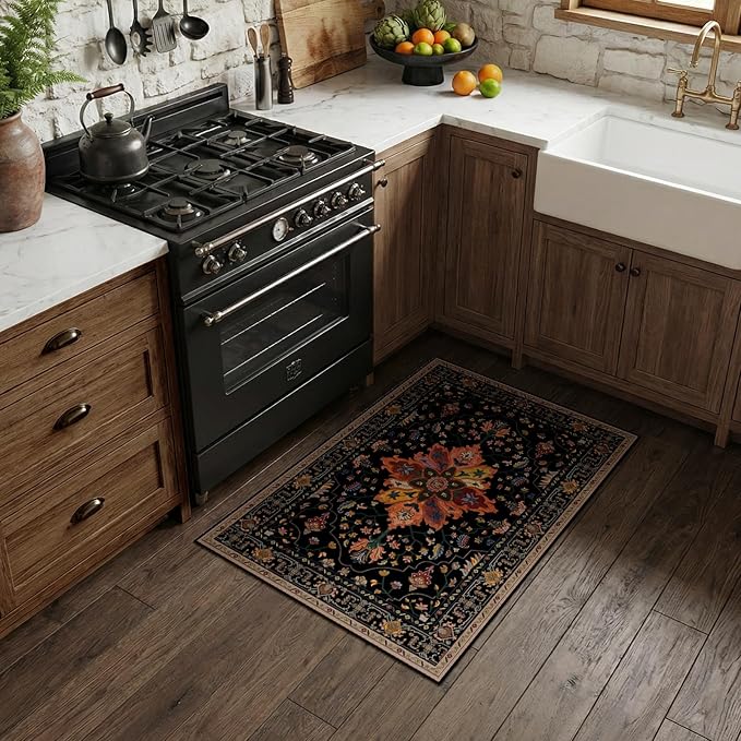 RELEANY Area Rugs 2'6''x4' Kitchen Rugs Entry Rug Small Rugs for Entryway Kitchen Bathroom Door Mat Indoor Entrance,Washable Non Slip, Black Colorful Floral Dark Tan