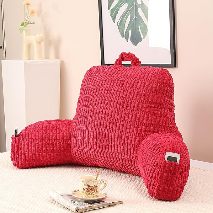 Reading Pillow for Sitting in Bed with Arm,Red Corduroy,M | Sitting Pillow for Teens Back Support,17" Backrest Pillow Supports Reading,Gaming & Relaxing in Bed,Couch,or Floor