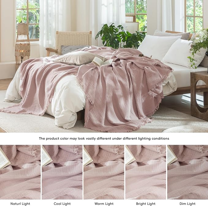 MooMee Muslin Blanket - 100% Cotton 4-Layer Gauze Throw Blanket with All-Around Fringe, Soft Breathable Lightweight Cooling Summer Blankets for Bed Couch(Greyish Pink,Throw XL 50" x 70")