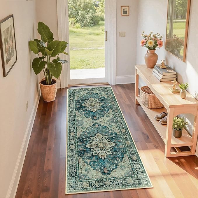 RELEANY Area Rugs 2'x6' Runner Rug Non Slip Washable for Kitchen Hallway Bedroom Beside Laundry Room Bathroom Rug, Floor Carpet, Dark Blue Vintage
