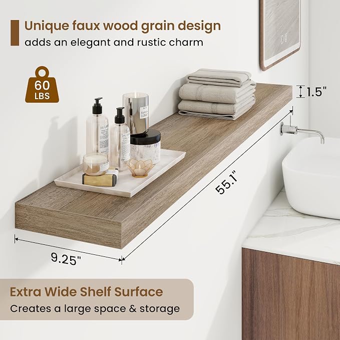 55in Floating Shelves for Wall, 55"W x 9.25"D x 1.5"H, Long Wall Mounted Engineered Wood Shelves with Invisible Brackets for Living Room, Bedroom, Bathroom, Kitchen Decor and Storage, Grey