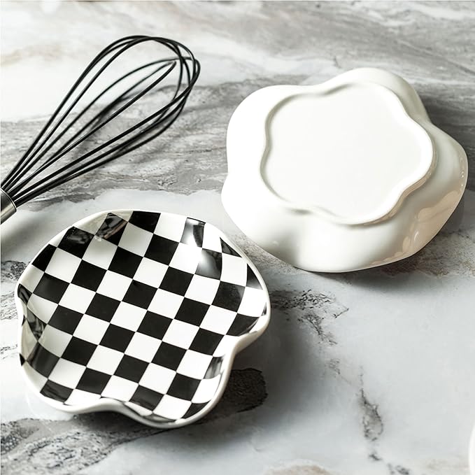 Miamolo Spoon Rest for Stove Top, 5.3in Checkered Spoon Holder Utensil Rest, Ceramic Spoon Rests for Coffee Bar, Kitchen Gadget Cooking Gift for Housewarming - Heat Resistant & Dishwasher Safe