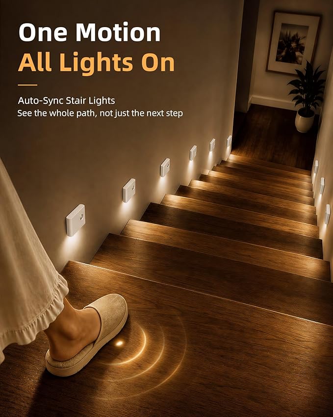 EZVALO 3 Pack Motion Sensor Night Lights, Sync LED Stair Lights Indoor, 1500mAh Rechargeable, Magnetic & Dimmable, 3000K Soft White, Portable Nightlight for Hallway, Stairs, Bathroom, Bedroom