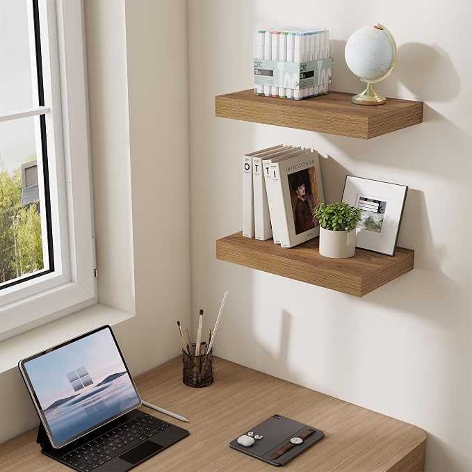 Dreamland 16" Walnut Floating Shelves 6.7" Deep Wall Mounted Set of 2 | Wall shelves for bathroom, bedroom, Living Room, kitchen, deep wall mount wood storage display for home decor 16" x 6.7"