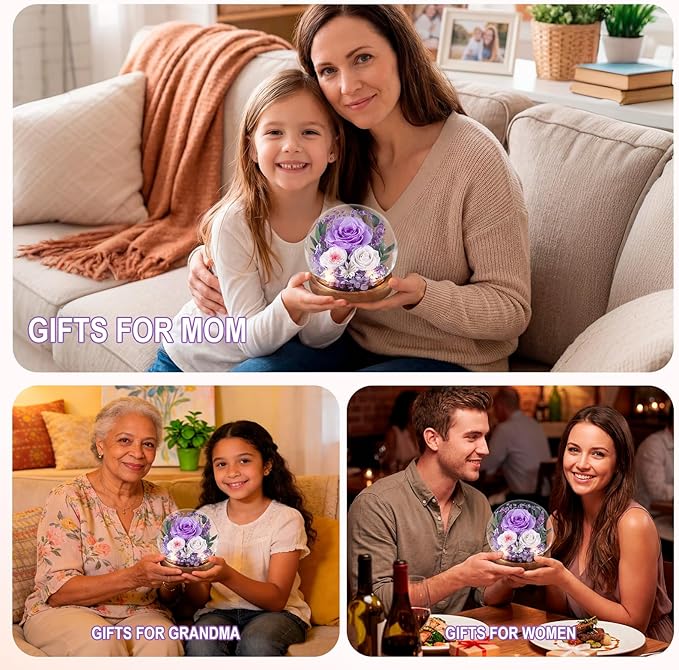 FIACO Gifts for Mom Birthday Gifts Women Preserved Flowers in Glass Dome Forever Flowers for Delivery Prime Purple Eternal Roses Mothers Day Birthday for Grandma Sister Daughter Wife Her Girlfriend