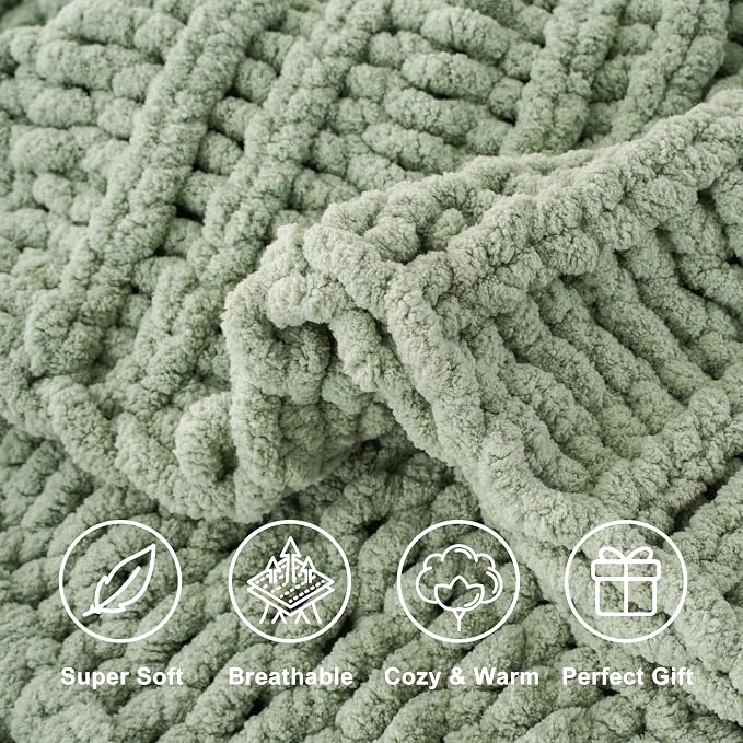 Battilo Chunky Knit Throw Blanket for Couch, 50"x60", Sage Green | Hand Knit, Gift Blanket, Cozy Warm Thick Soft Chenille Throw Blanket for Bed, Sofa, Chair, Living Room