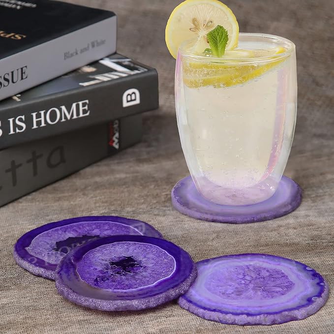 Natural Purple Agate Coasters for Drinks Set of 4 | Natural Stone Drink Coasters, Decorative Table Coasters for Coffee Table, Bar or Desk, Housewarming Gift