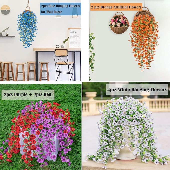 Ammyoo Artificial Hanging Flowers for Outdoors Fake Plants Decoration, 2 Packs Faux Silk Daisy Flower Realistic Outdoor Flowers UV Resistant Porch Patio Window Yard Indoor Spring Decor(Purple)