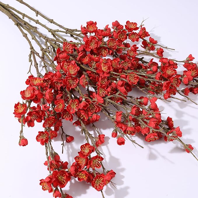 florisso 6 PCS Artificial Cherry Blossom Branches Spring Indoor Decoration, Faux Red Flowers 34.45" Long Stems Fake Plum Peach Plants Real Touch Silk for Wedding Home Bedroom Party Table Office