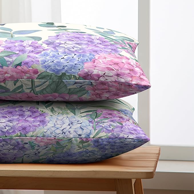 Pink Hydrangea Lumbar Pillow Covers Spring Flowers Outdoor Pillow Covers 12x20 Set of 2 Purple Pink Hydrangea Eucalyptus Pillow Case Cotton Linen Cushion Case for Sofa Garden Patio