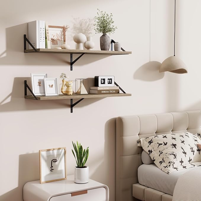 Acovy Deep Floating Shelves for Wall,36" Wx10 D Wood Wall Shelves with Metal Brackets,Hanging Storage Floating Shelf for Living Room,Bedroom,Bathroom,Office,Kitchen,Grey
