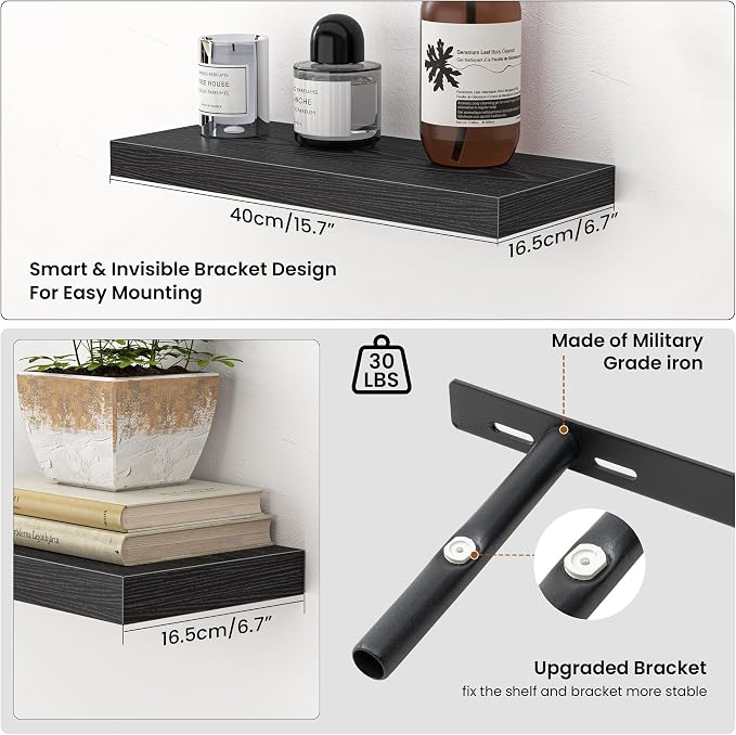 Heimlove Floating Shelves for Wall,16 inchs Shelf for Small Bathroom,Mounted Storage & Display Wood Shelves for Bedroom,Living Room,Kitchen,Office,Set of 2,Black