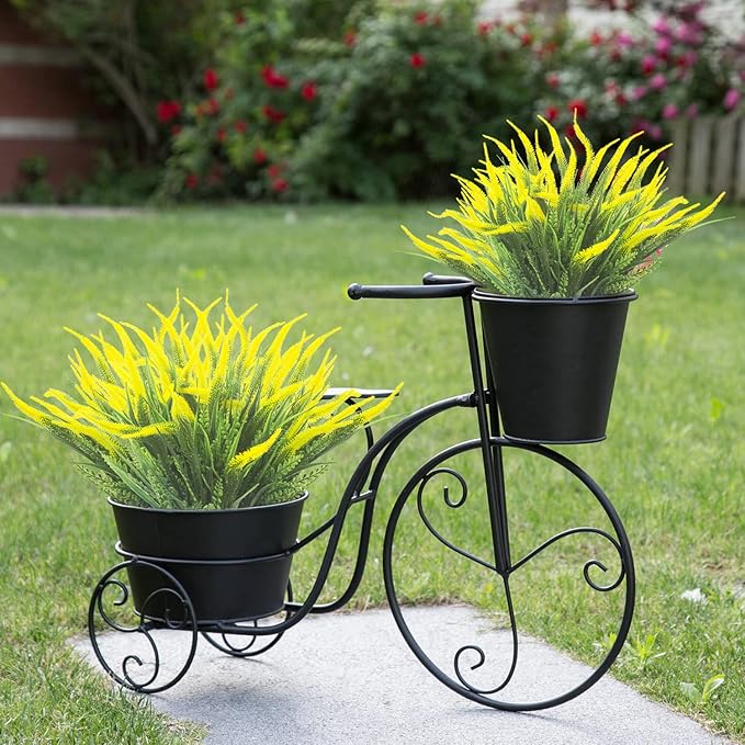 Grunyia 10 Bundles Artificial Plants Outdoor Fake Grass with Flowers UV Resistant Greenery Garden Porch Window Box Decorating (Yellow)
