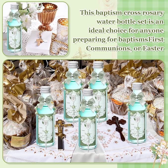 FillTouch 24 Sets Catholic Holy Water Bottle Baptism Rosary Set Baptism Favors 1.7oz Christian Water Container Empty Glass Holy Water Bottle for Easter Party Church Wedding Table Newborn (Green)
