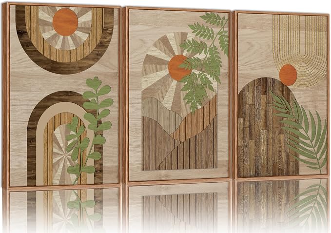 KYLESONLIE Mid Century Modern Framed Canvas Wall Art Set, Boho Wood Geometric Panel Wall Decor, Rustic Wooden Arch Art Painting, Pastel Sage Green Leaf Artwork for Living Room Bedroom Office 16"x24"x3