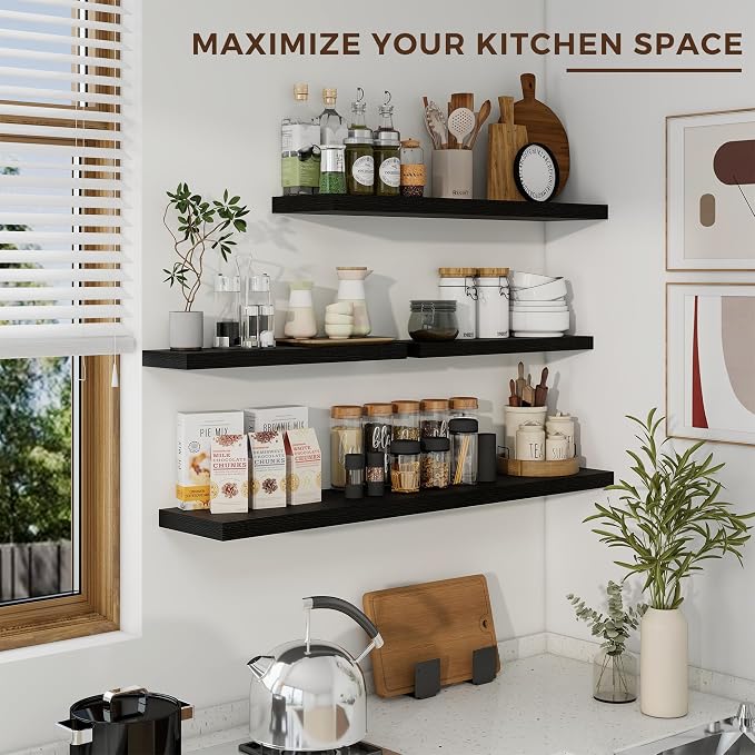 Dreamland 72Inch Black Floating Shelves 9.8" Deep Wall Mounted Set of 2 | Wall shelves for bathroom, bedroom, Living Room, kitchen, deep wall mount wood storage display for home decor 72" x 9.8"