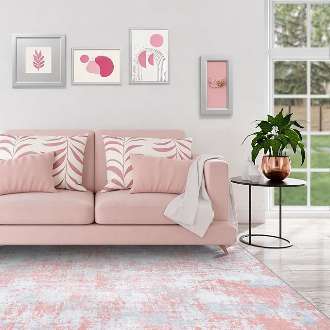 Pink Rug Carpet 10x14 Area Rugs for Bedroom Girls: Washable Modern Rug for Living Room Dining Room Non Slip Low Pile 10 by 14 Indoor Abstract Home Office