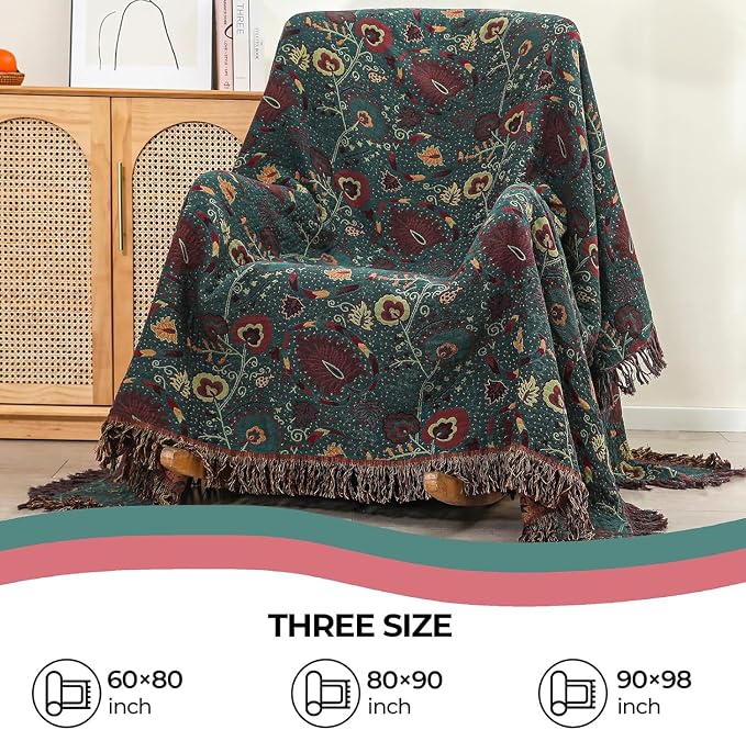 Boho Throw Blanket,Deep Green Floral Fringed Muslin Blanket for Couch,Sofa, Living Room, Bedroom – Lightweight Cotton Tassel Blanket for Summer,Cozy Home Decor,Gifts for Father,50"x60"