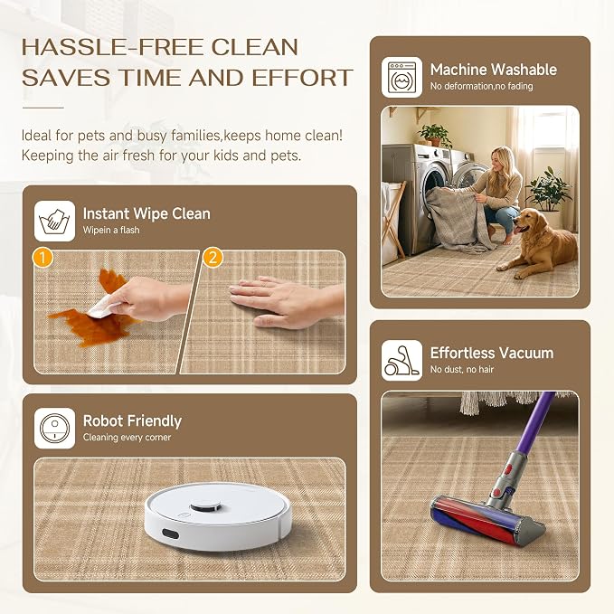4x6 Brown Area Rug for Living Room Bedroom Machine Washable Low Pile Checkered Carpet Modern Accent Soft Non Slip Rug for Dining Room Nursery Office Indoor
