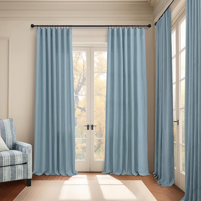 Pitalk 102 Length Curtains for Living Room Dinning 2 Panels Back Tab Pocket Light Filtering Burlap Window Drapes Stone Blue Linen Curtains 102 Inches Long for Sliding Glass Door Bedroom Grey Gray Blue