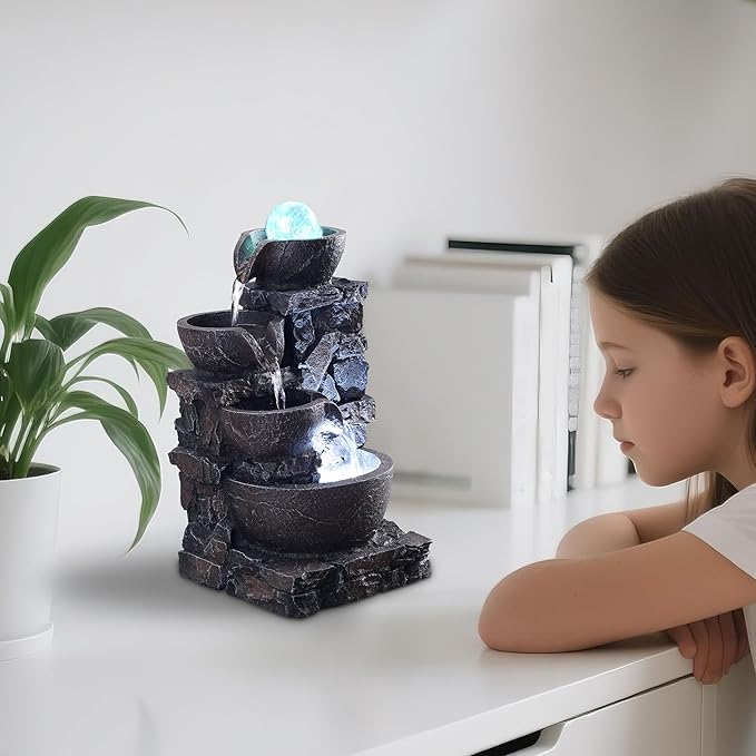 Indoor Tabletop Fountain with 4-Tier Stone Bowls, Rolling Crystal Ball & LED Lights – Tranquil Waterfall Decor for Home, Office or Zen Space (23066)