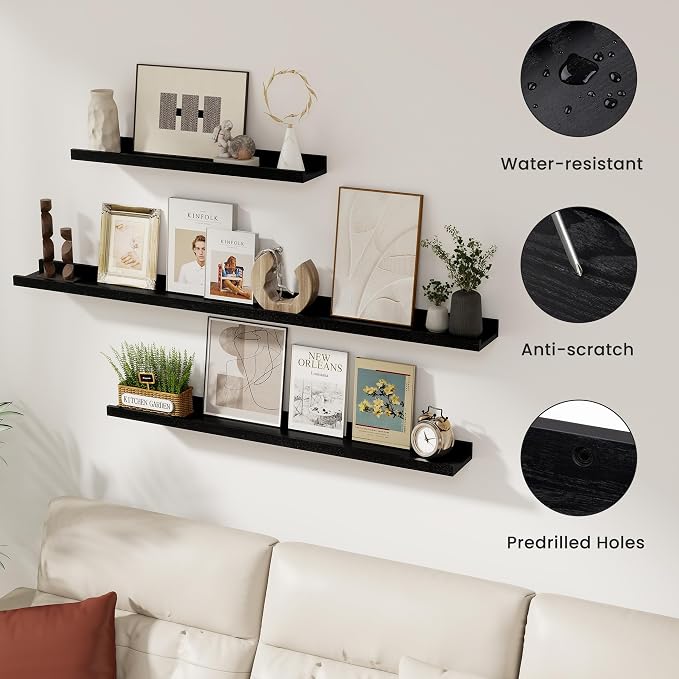 Acovy Picture Ledge Shelf, 72 inch, Black, Solid Ash Wood, Set of 2 | Floating Shelves, Wall Mounted, For Living Room Kids' Room Bedroom