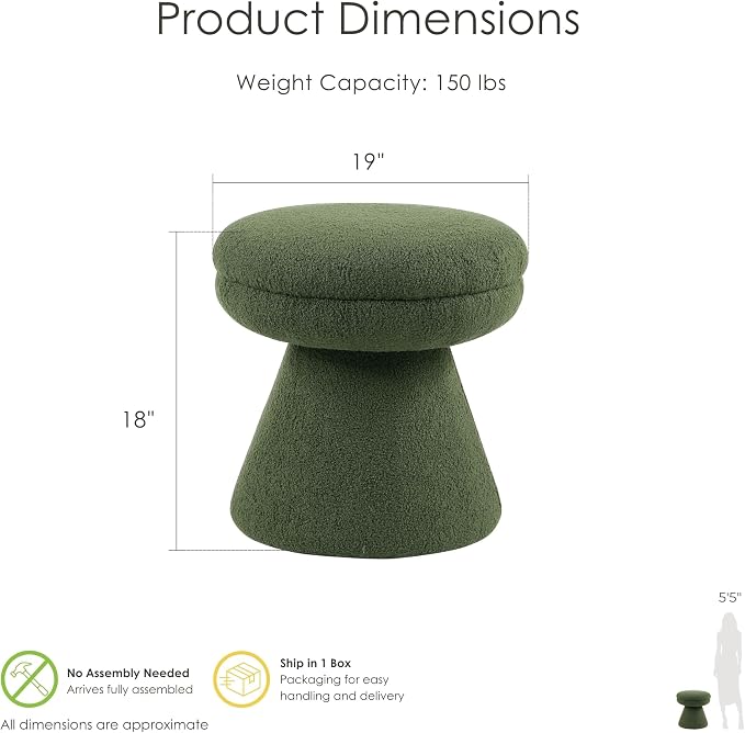 Furniture of America Rami Modern 18-inch Mushroom-Shape Upholstered Ottoman with Tapered Pedestal, Vanity Stool Chair, Small Foot Stool for Bedroom, Living Room, Entryway, Green