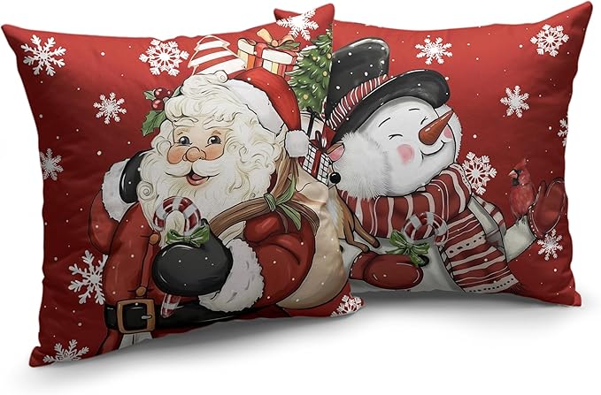 Lovely Christmas Snowman Pillow Covers Santa Throw Pillow Covers 16x16 Set of 2 Red Xmas Pillowcase Winter Snowflakes Cushion Case for Holiday Decorations Couch Sofa