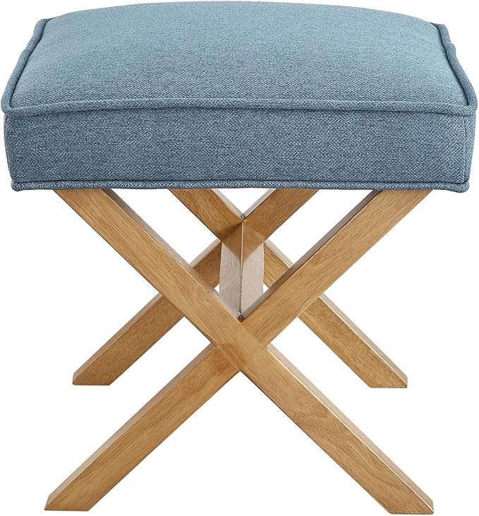 Amazon Basics Small Ottoman Foot Rest, Mid-Century Modern X Square Upholstered Fabric Stool for Living Room, Bedroom, Entryway, Extra Seating, 20" W x 18" D x 18" H, Indigo Blue