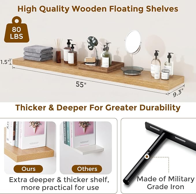 55 inch Floating Shelves for Wall, 9.3in Deep Oak Shelves Wall Mounted Floating Shelf, Extra Long Wall Shelf for Living Room, Kitchen, Office, Floating TV Stand, 2 Packs