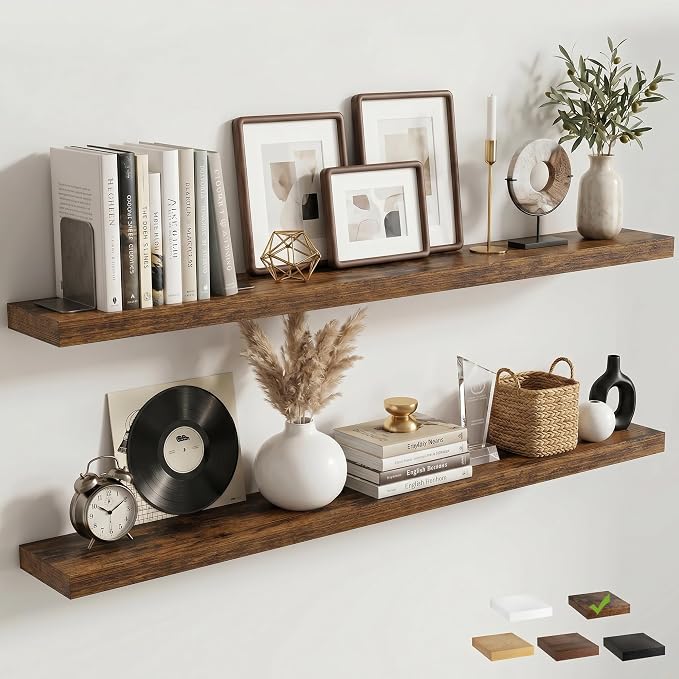 Venusmiles Floating Shelves for Wall, 55 Inch Floating Shelves Set of 2, 6.5" D Wooden Wall Mounted Display Shelves with Invisible Brackets for Living Room, Bedroom, Bathroom, Kitchen Decor, Brown