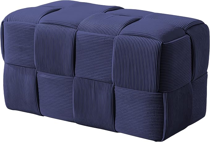 Cmishe 28" Rectangular Woven Corduroy Ottoman Footrest - Large Modern Entryway Bench & Bed End Stool, Sturdy Wood Frame, No Assembly (Blue-L)