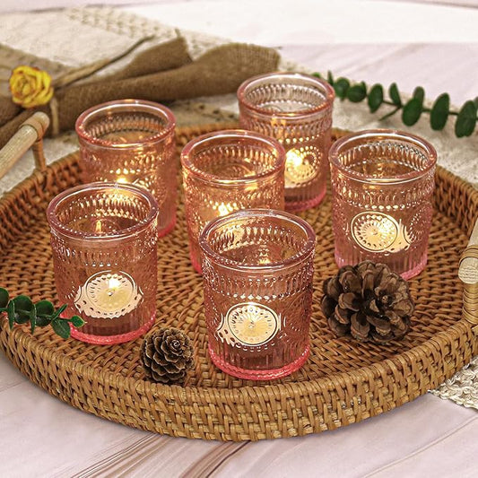 24 Pcs Pink Glass Votive Candle Holders, Tealight Candle Holders for Table Centerpieces, Vintage Candle Holder Bulk, Boho Wedding, Valentine's Day Table Decor (Pink)