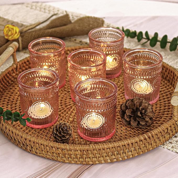 36 Pcs Pink Glass Votive Candle Holders, Tealight Candle Holders for Table Centerpieces, Vintage Candle Holder Bulk, Boho Wedding, Valentine's Day Table Decor (Pink)