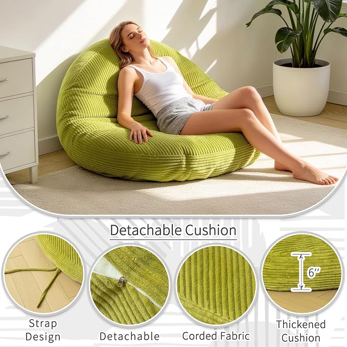 Papasan Breathable Round Chair Cushion (Without Chair) with Detachable Corduroy Cover,48 x 48 x 6 Inch Oversized Round Chair Pad Supportive Cushion, Overstuffed Chair Cushion,Memory Foam Filling,Sage