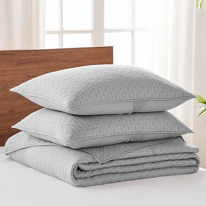 Levtex Home Cross Stitch Reversible Full Bedspread Set (100x104in) with 2 Pillow Shams (26x20in) - Stitch Texture - Light Grey - Cotton Full Size Bedspread Set - Lightweight, Soft, Pre-Washed