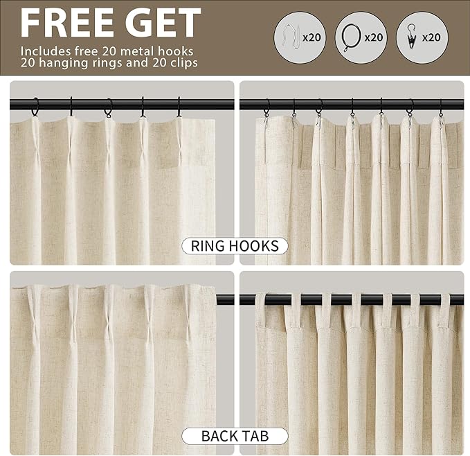 Guken Beige Pinch Pleated Linen Curtains 84 Inch Length 2 Panels Set for Living Room Bedroom Modern Farmhouse Boho Semi Sheer Back Tab Window Privacy Draps with Hooks Rings for Dining Room 40x84